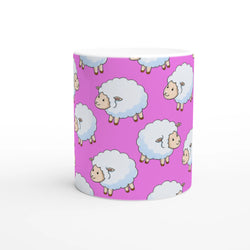 Pink ceramic mug with white fluffy sheep and clouds pattern.