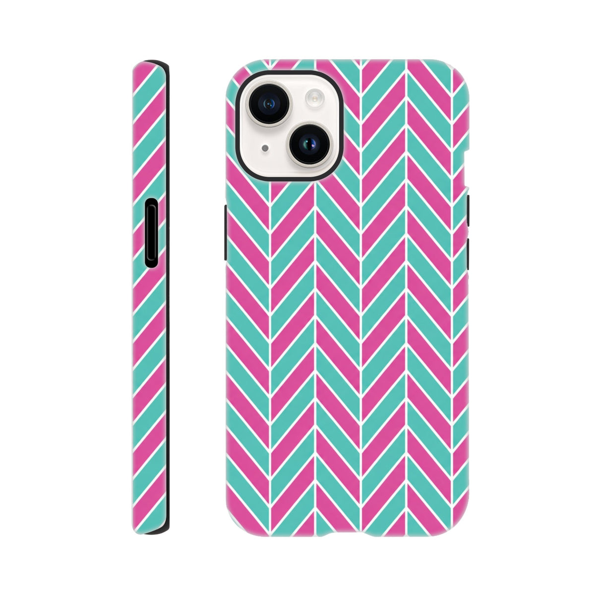 Pink and turquoise herringbone iPhone case with geometric chevron pattern, glossy finish, and dual-layer tough protection for models 13-16.