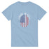 Light blue Made in USA men's graphic T-shirt with circular fingerprint flag design.