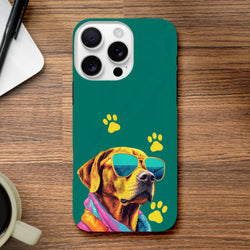 Teal iPhone case featuring a cool dog wearing sunglasses and yellow paw prints on a wooden desk.
