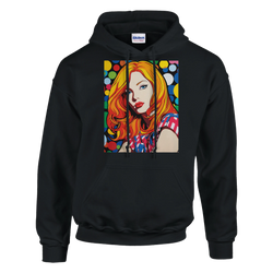 Black hoodie with vibrant retro pop-art portrait of a redhead woman in colorful panels.