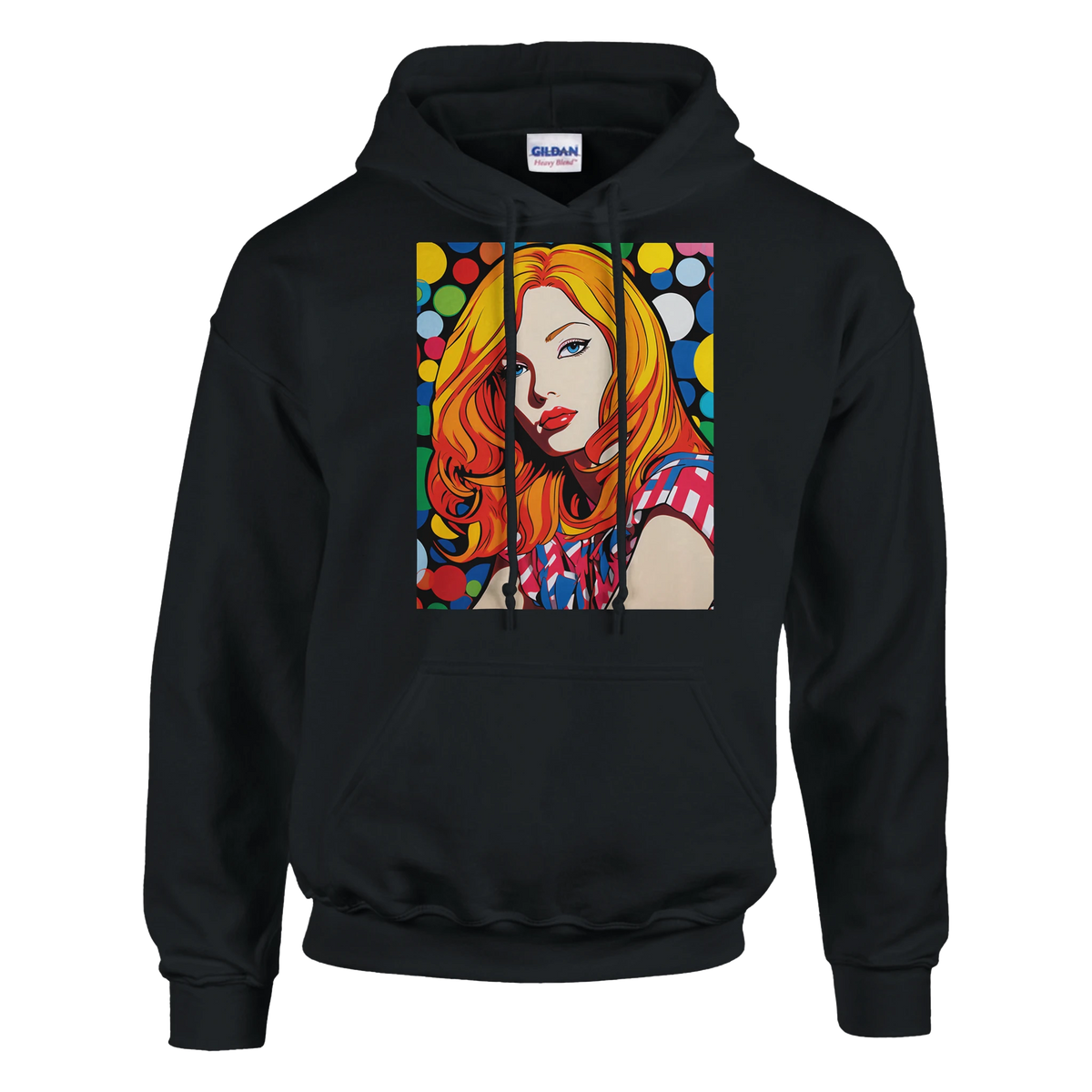 Black hoodie with vibrant retro pop-art portrait of a redhead woman in colorful panels.