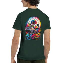 Dark green Static Petrolhead T-Shirt back view featuring a colorful modified car graphic with palm trees and Urban Palm Trees text.