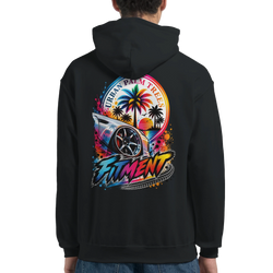 Black hoodie back featuring colorful "Fitment" graphic with modified car wheel, urban palm trees, and retro sunset design.