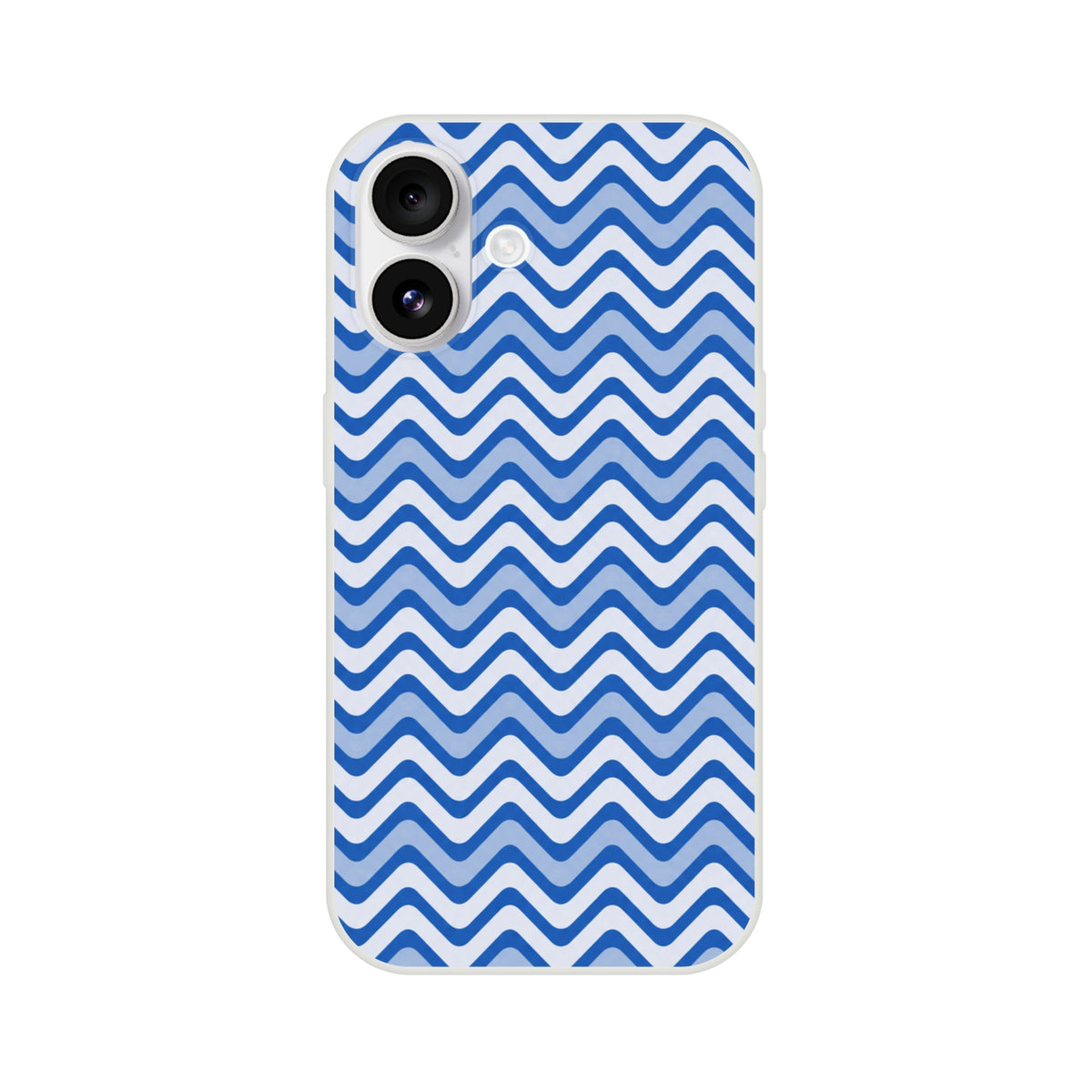 Retro blue wavy stripe iPhone case with geometric zigzag pattern and matte finish for shock absorption.
