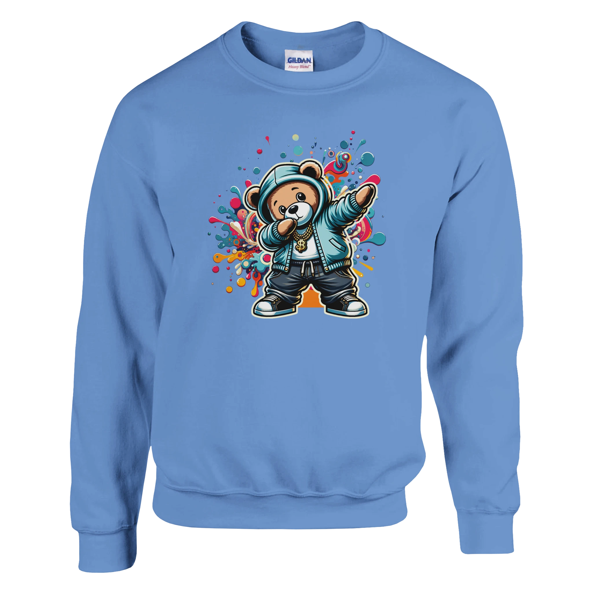 Blue Dab Teddy Bear men's graphic sweatshirt in soft 50/50 cotton-poly blend, sizes S to XL, bold bear graphic.