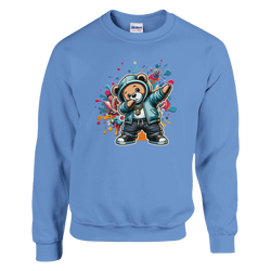 Blue Dab Teddy Bear men's graphic sweatshirt in soft 50/50 cotton-poly blend, sizes S to XL, bold bear graphic.