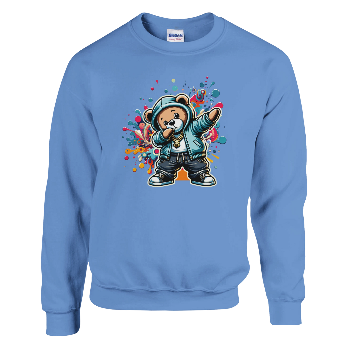 Light blue men's graphic sweatshirt with a colorful bear graphic on a white background