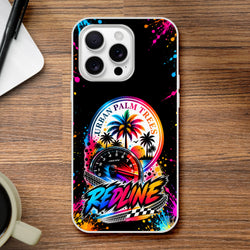 Redline car culture iPhone case featuring Urban Palm Trees speedometer graphic, colorful splatter art, and checkered flags on a black background.