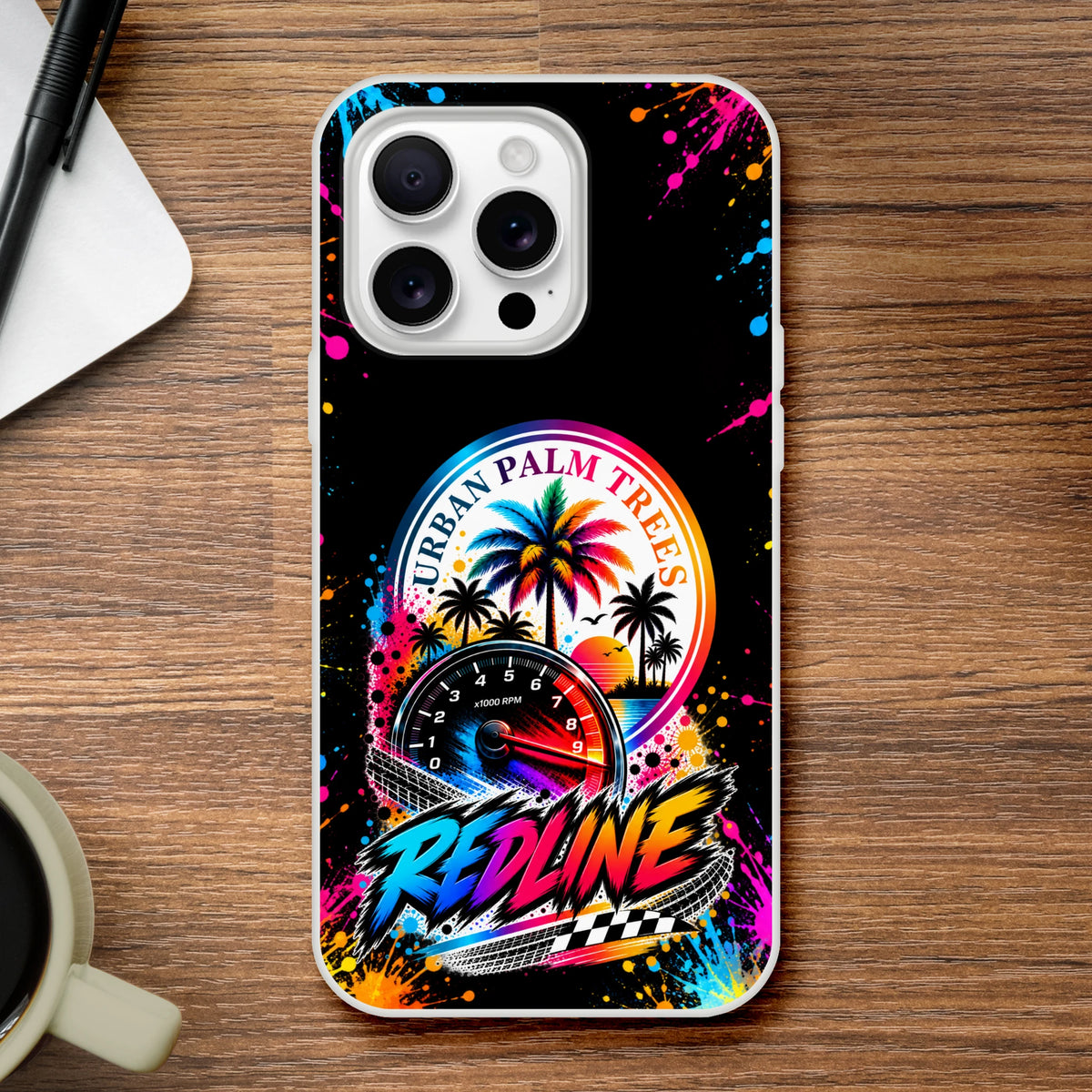 Redline car culture iPhone case featuring Urban Palm Trees speedometer graphic, colorful splatter art, and checkered flags on a black background.