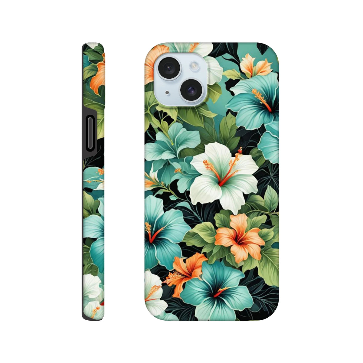 Tropical hibiscus floral iPhone case with teal and orange flowers on a dark background, featuring tough shock-absorbing protection.