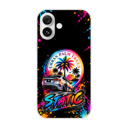 Static Slammed car culture iPhone case featuring a lowered silver sedan, colorful Urban Palm Trees logo, and vibrant paint splashes on a black background.