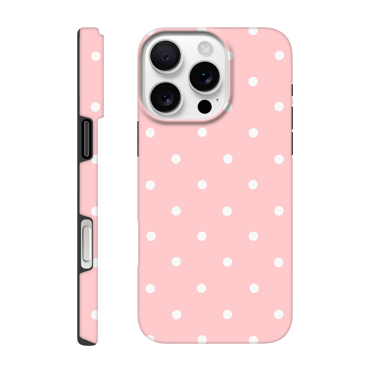 Pastel pink and white polka dot tough iPhone case with dual-layer frame and shock-absorbing TPU for drop protection.