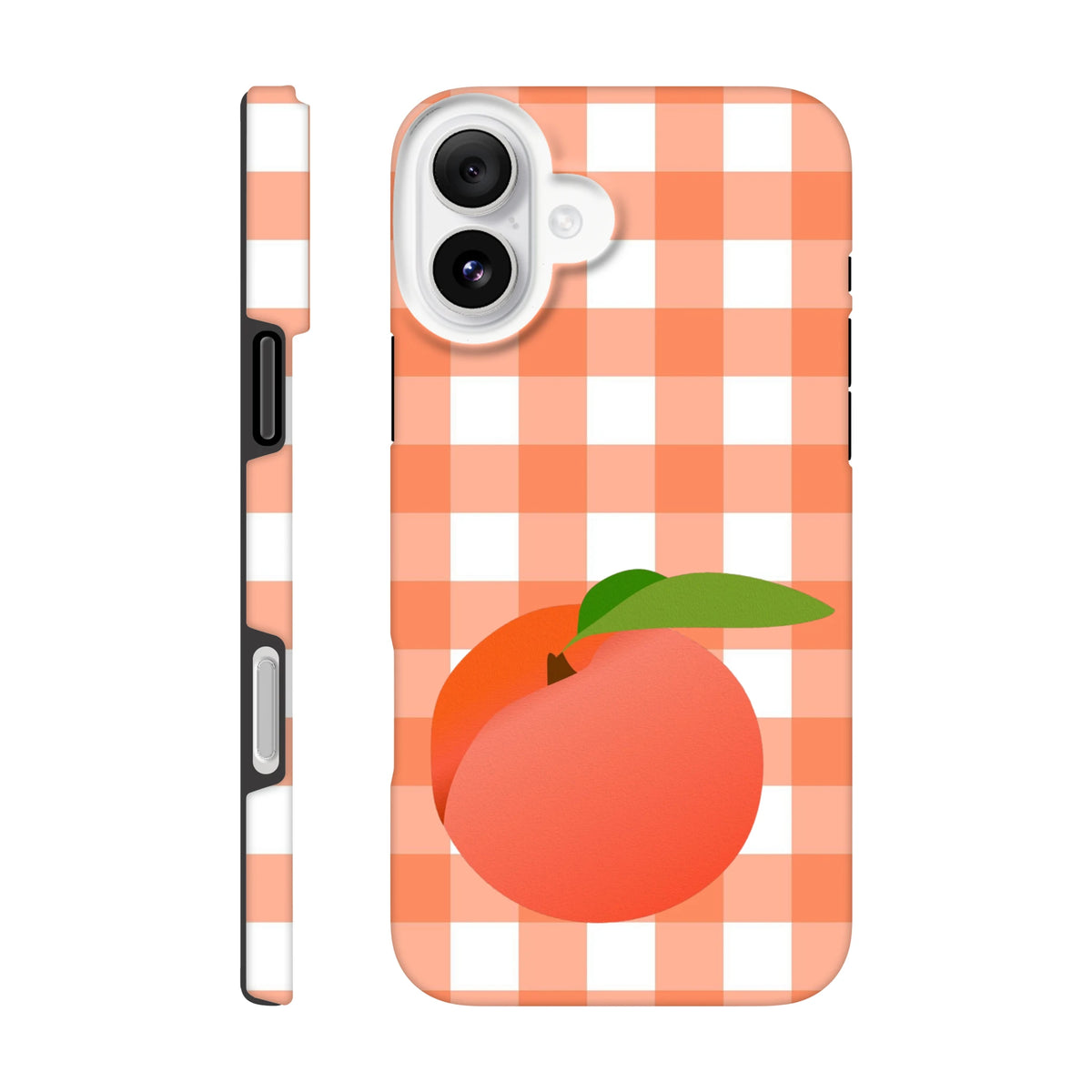 Retro peach fruit gingham iPhone case featuring orange and white checkered pattern with full wraparound print for durable protection.