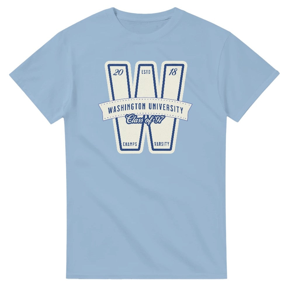 Light blue women's graphic T-shirt featuring a large W logo, Washington University text, and a Class of 1997 banner.
