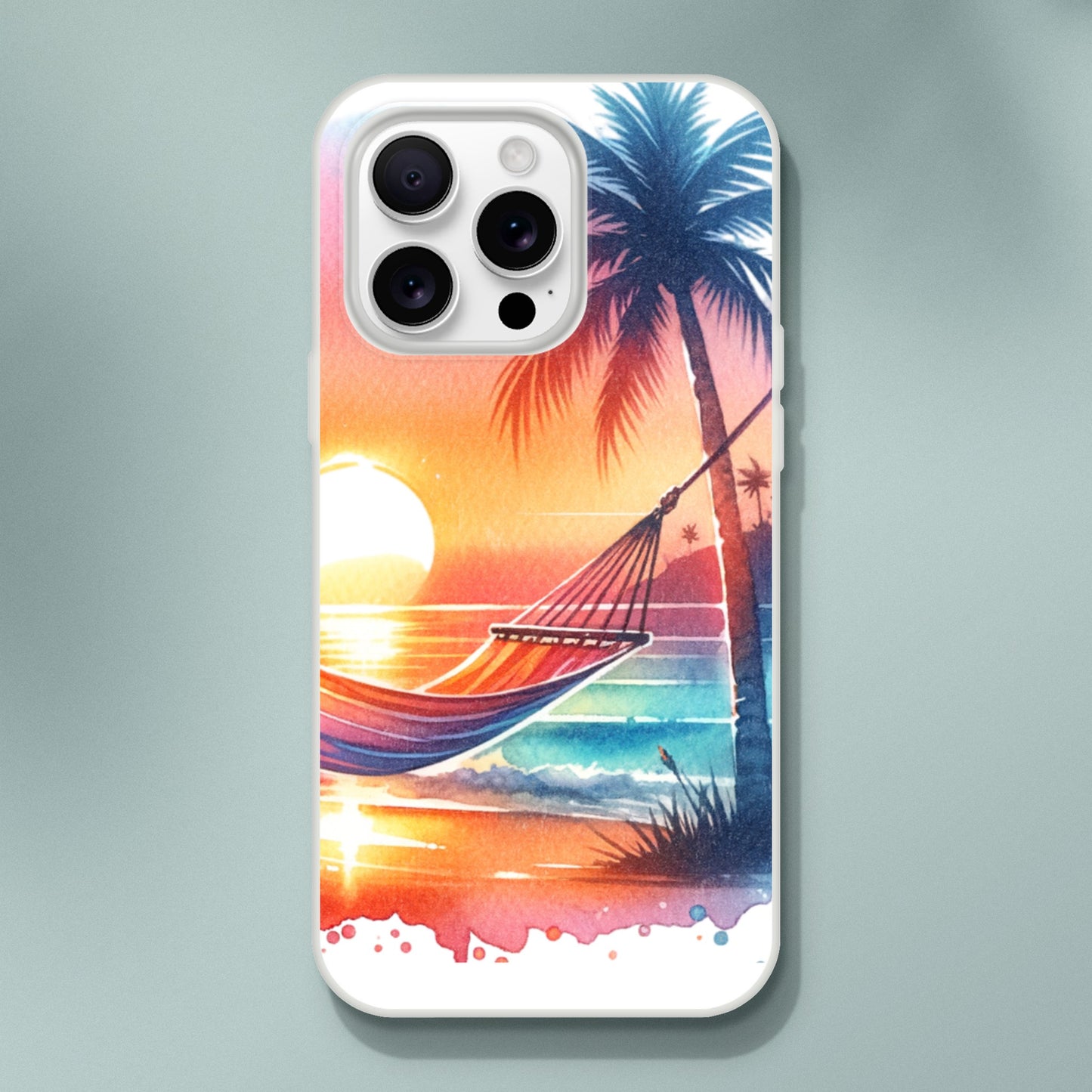 iPhone case with a tropical design featuring a hammock, palm trees, and sunset on a gray 
background 21
