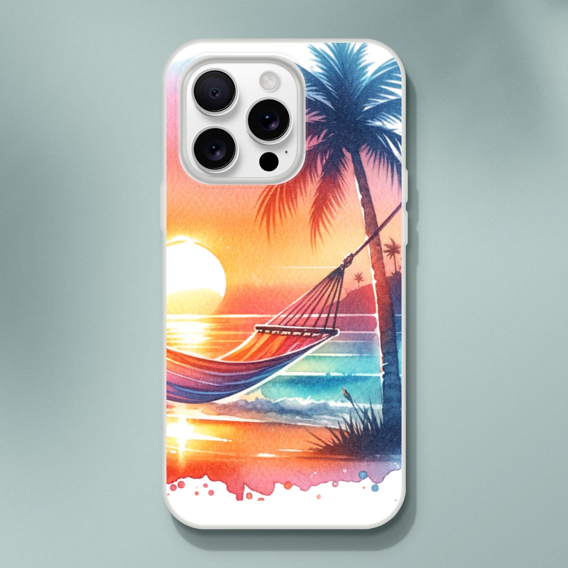 iPhone case with a tropical design featuring a hammock, palm trees, and sunset on a gray 
background 21