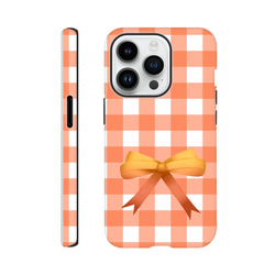 Orange gingham iPhone case featuring a cute coquette bow design. Tough, impact-resistant phone cover with bold check pattern for daily protection.