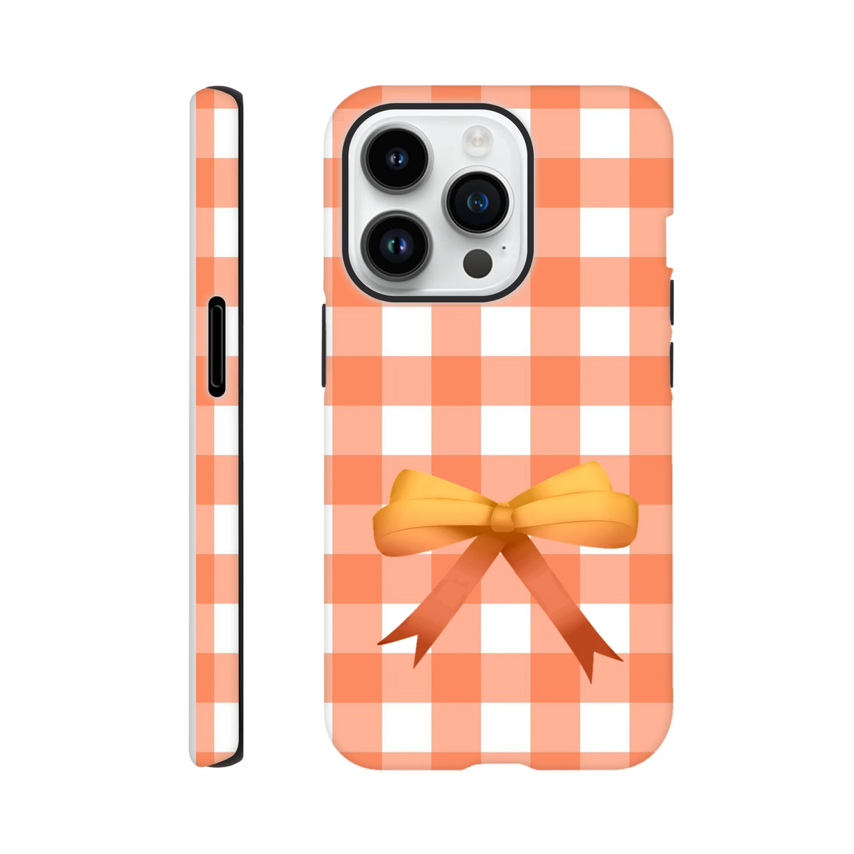 Orange gingham iPhone case featuring a cute coquette bow design. Tough, impact-resistant phone cover with bold check pattern for daily protection.