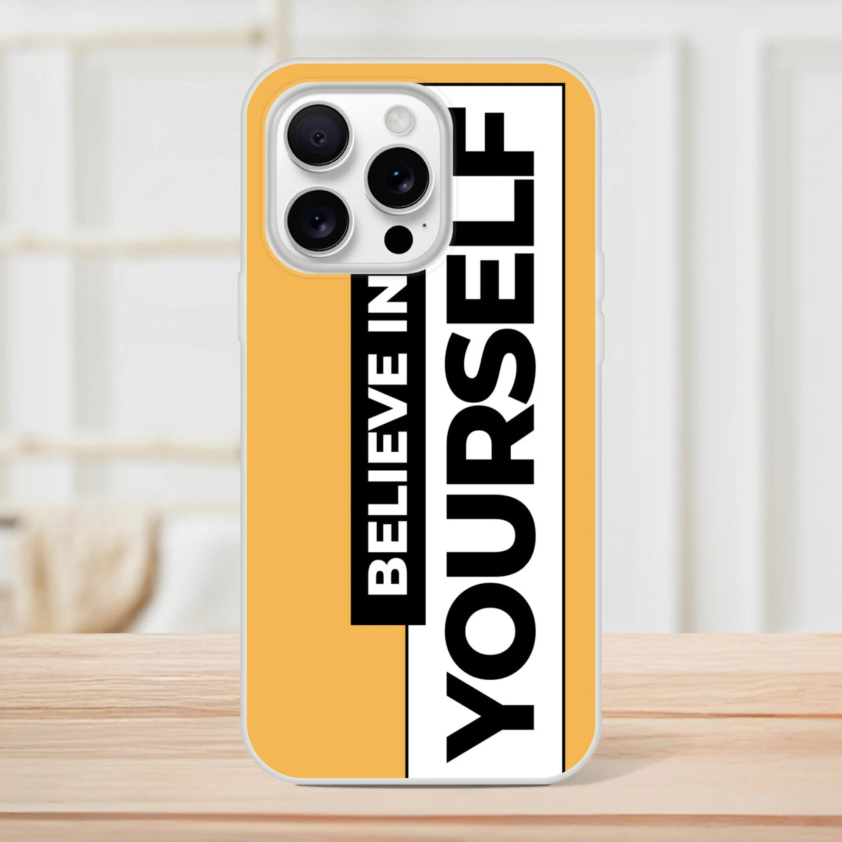 Believe In Yourself iPhone Case for 13–16 with bold slogan on a yellow matte finish.
