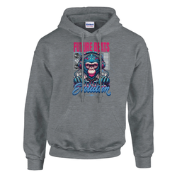 Monkey DJ men's graphic hoodie, gray cotton blend with a colorful monkey wearing headphones and pink-blue-white accents.