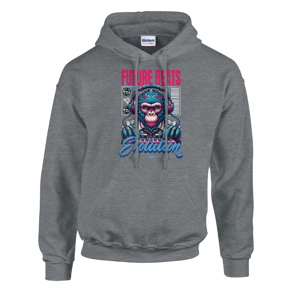 Monkey DJ men's graphic hoodie, gray cotton blend with a colorful monkey wearing headphones and pink-blue-white accents.