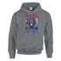 Monkey DJ men's graphic hoodie, gray cotton blend with a colorful monkey wearing headphones and pink-blue-white accents.