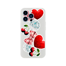 Transparent iPhone case with cherry, pink bow, disco ball, and red heart sticker graphics for Y2K aesthetic.