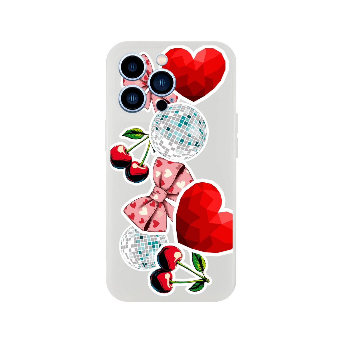 Transparent iPhone case with cherry, pink bow, disco ball, and red heart sticker graphics for Y2K aesthetic.