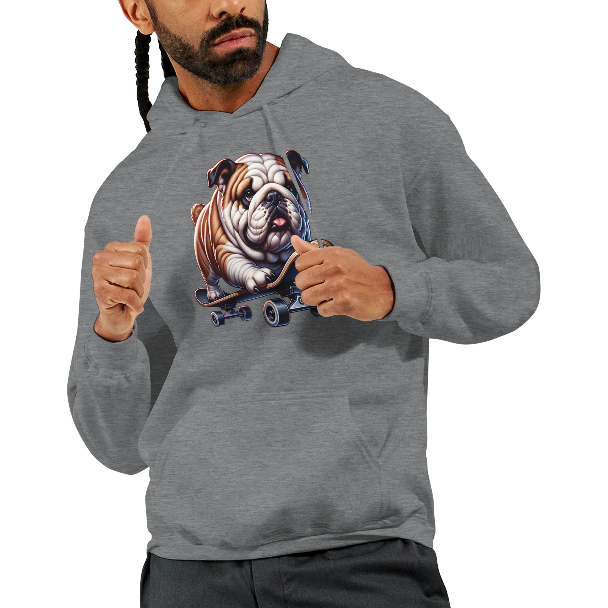 Grey men's graphic hoodie featuring a bulldog on a skateboard, front pouch pocket, 50/50 cotton-poly blend.