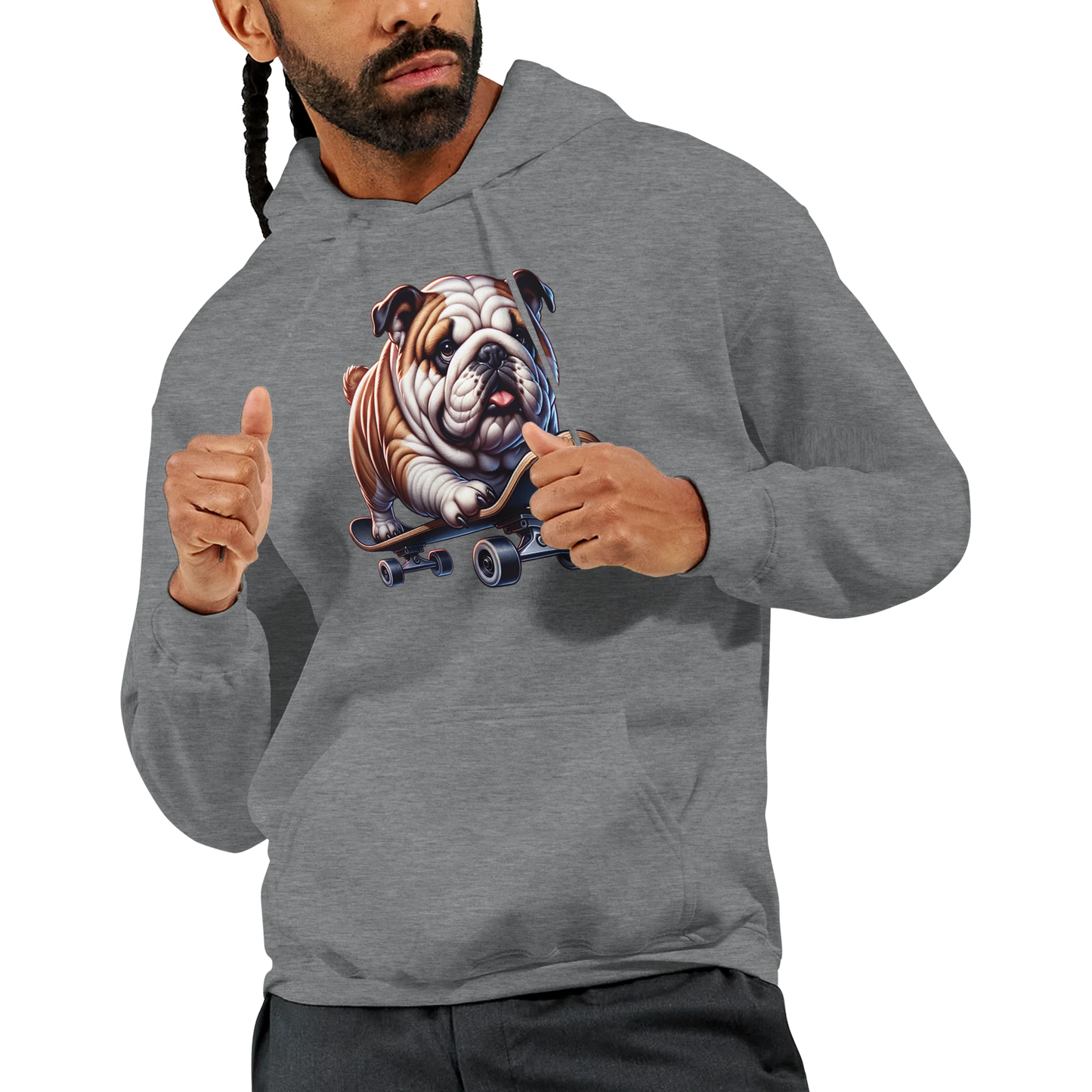 Grey men's graphic hoodie featuring a bulldog on a skateboard, front pouch pocket, 50/50 cotton-poly blend.