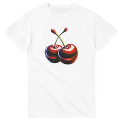 White cotton blend women's graphic tee featuring a colorful pair of cherries with intertwined stems.