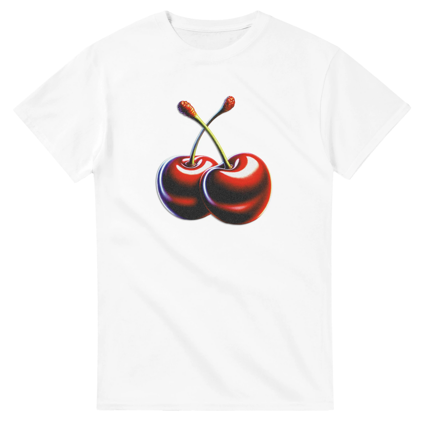 White cotton blend women's graphic tee featuring a colorful pair of cherries with intertwined stems.