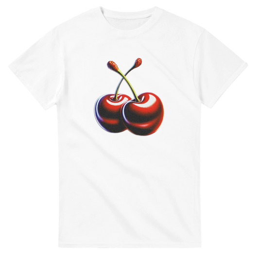 White cotton blend women's graphic tee featuring a colorful pair of cherries with intertwined stems.