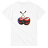 White cotton blend women's graphic tee featuring a colorful pair of cherries with intertwined stems.
