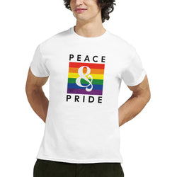 White Pride LGBTQ graphic T-shirt with rainbow square and Peace & Pride lettering.