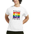 White Pride LGBTQ graphic T-shirt with rainbow square and Peace & Pride lettering.
