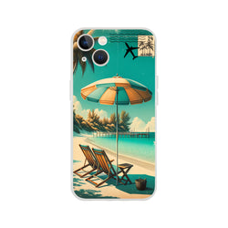 Vintage postcard-style iPhone case with tropical beach scene and palm trees for iPhone 13–16.