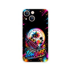 Low Life car culture iPhone case featuring a colorful shock absorber, palm trees, and urban palm trees text against a black paint splatter background.