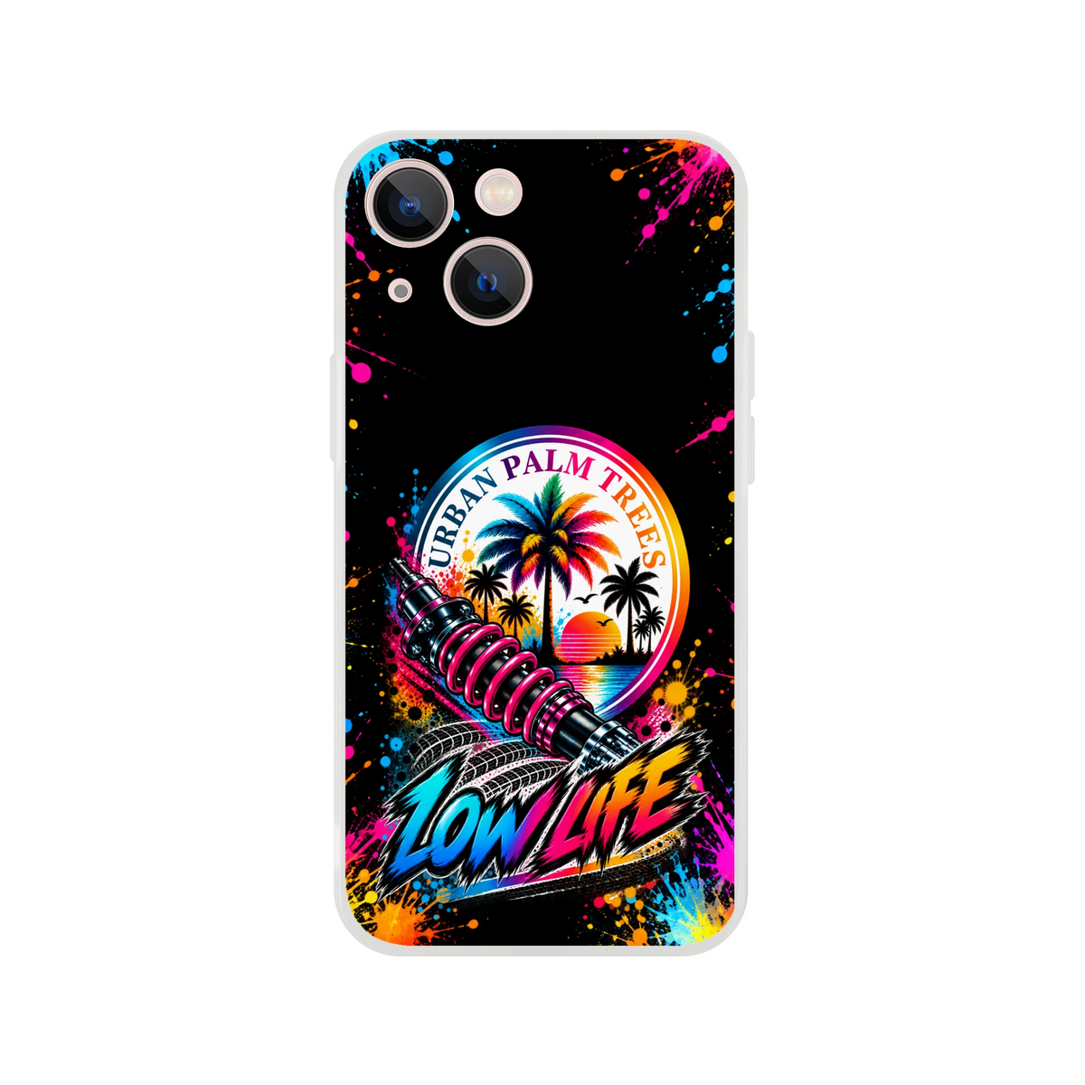 Low Life car culture iPhone case featuring a colorful shock absorber, palm trees, and urban palm trees text against a black paint splatter background.