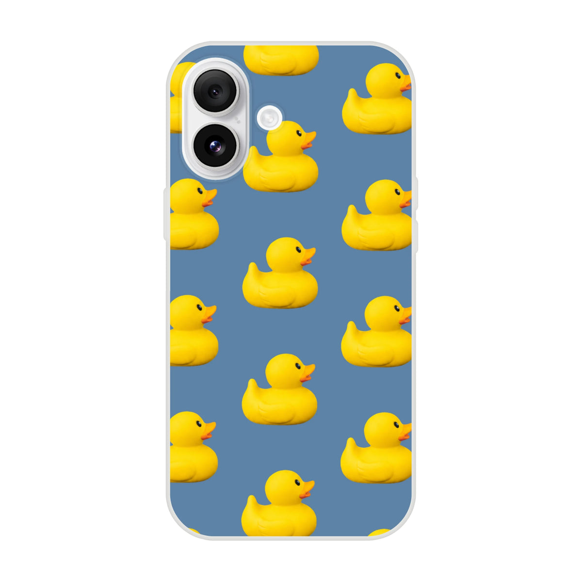 Blue aesthetic rubber duck iPhone case for iPhone 13-16, yellow ducks pattern on blue background.