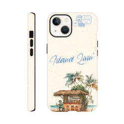 Tropical Island Livin' iPhone case featuring a watercolor beach bar, palm trees, and vintage travel stamps on a textured cream background.