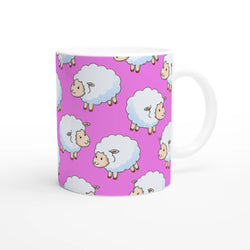 Cute sheep ceramic mug with pink background and repeating fluffy lamb illustrations.