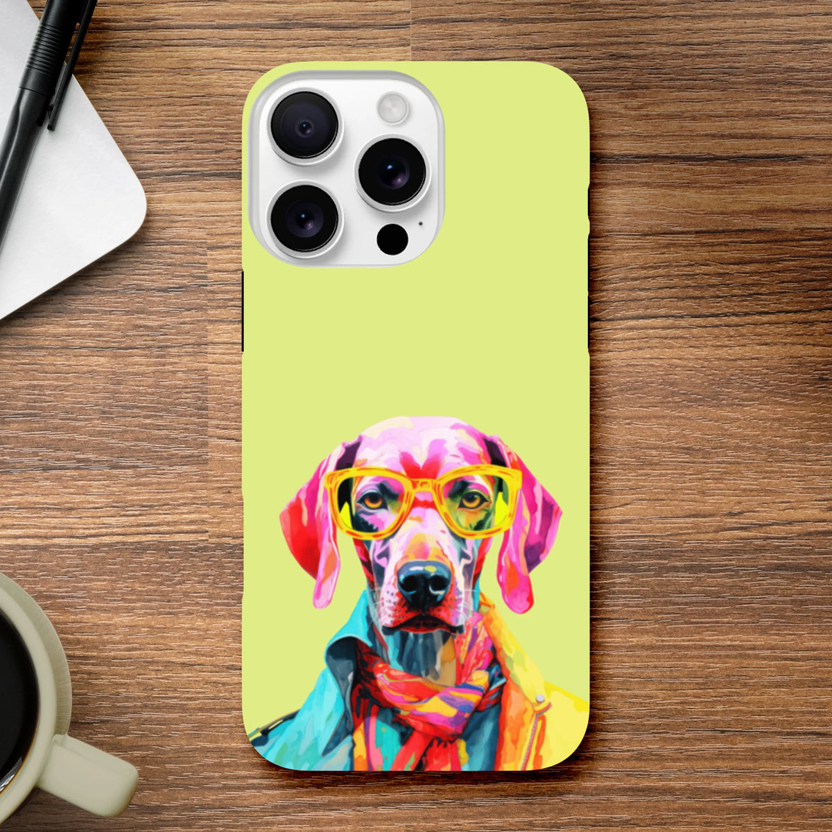 Vibrant pop art dog phone case featuring a stylish dog in yellow glasses and jacket on a lime green background.