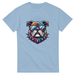 Women's graphic tee featuring a colorful bulldog wearing sunglasses and a spiked collar on a light blue cotton blend.