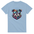Women's graphic tee featuring a colorful bulldog wearing sunglasses and a spiked collar on a light blue cotton blend.