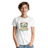 Tropical Surf graphic women's T-shirt in white with retro sunset, palm trees, and surfer motif.
