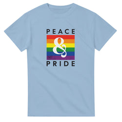 Light blue Pride LGBTQ graphic tee with rainbow square, large white ampersand, and PEACE PRIDE text.