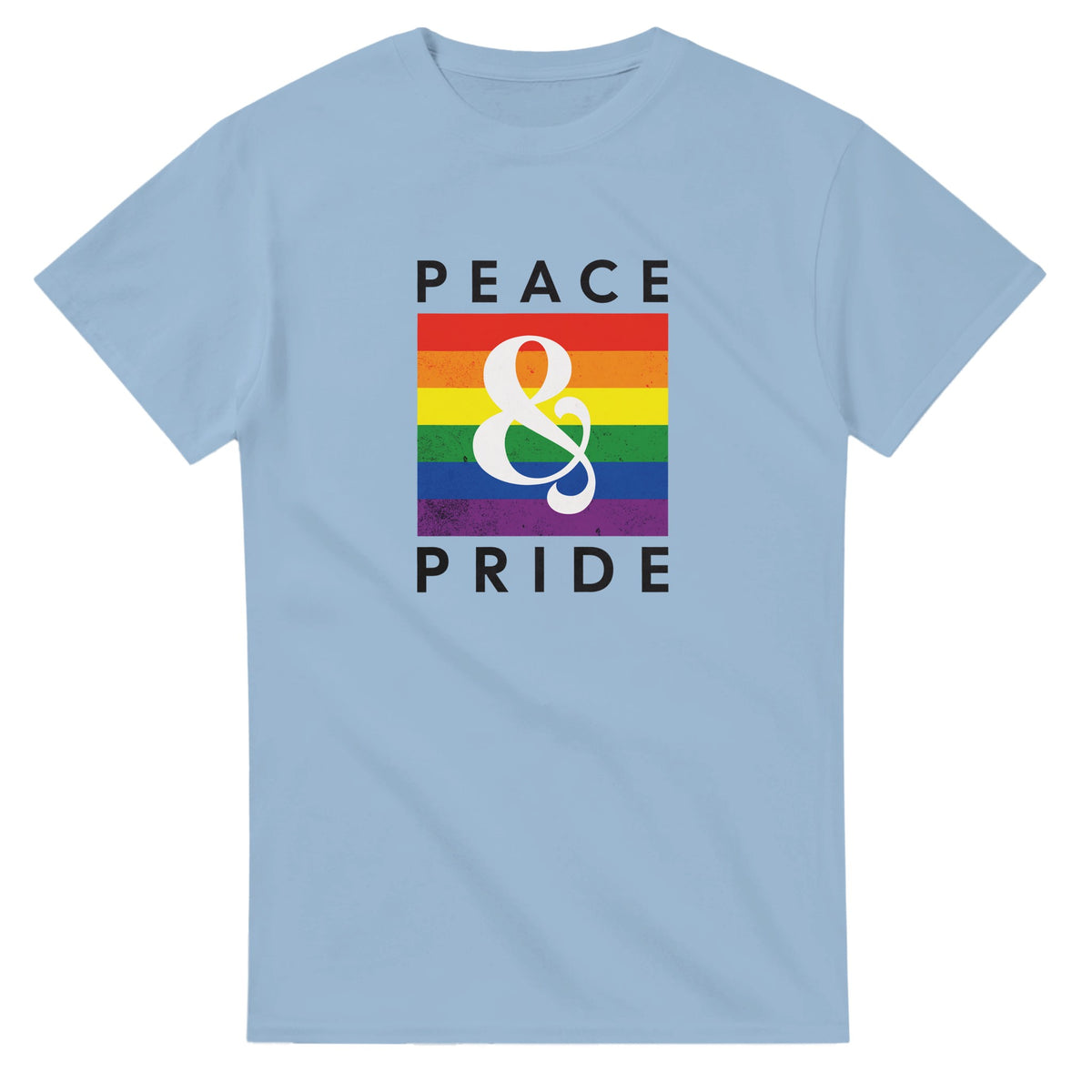 Light blue Pride LGBTQ graphic tee with rainbow square, large white ampersand, and PEACE PRIDE text.