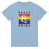 Light blue Pride LGBTQ graphic tee with rainbow square, large white ampersand, and PEACE PRIDE text.
